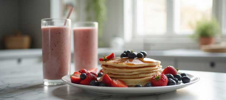 Dos vasos de Ovofit, acompañados con unos deliciosos panqueques